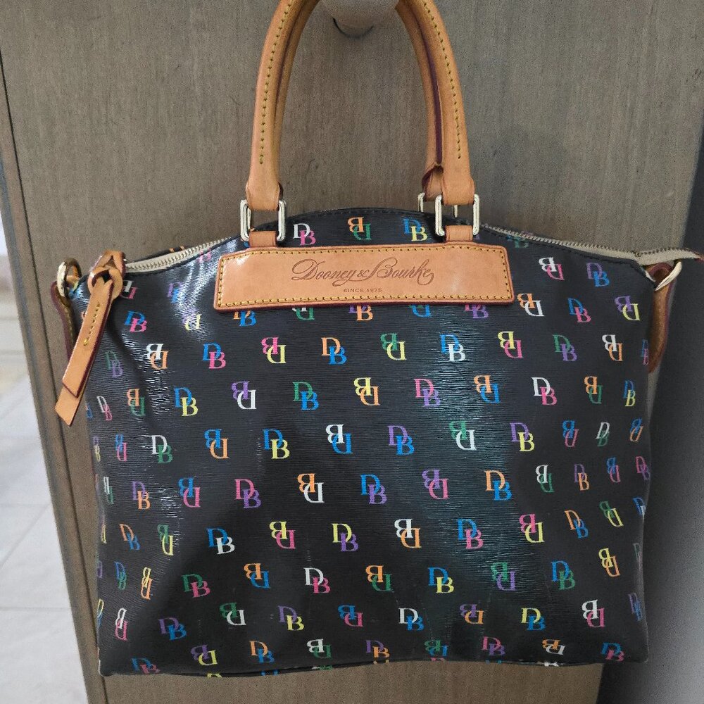 Dooney & Bourke Black Satchel with Multicolor DB Logo Print
